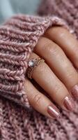 Delicate rose gold ring with sparkling stone displayed on cozy hand in pink knit sweater photo