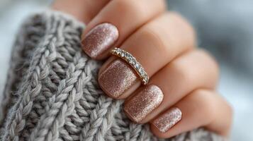 Elegant rose gold glitter manicure with stylish ring on cozy knit sweater background in indoor setting photo