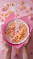 A person is holding a bowl of cereal with milk and raspberries photo
