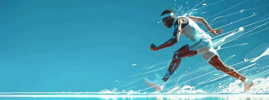 A man running in the water with a blue background photo