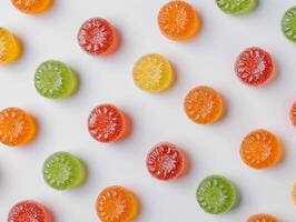 A bunch of colourful gummy bears are arranged in a pattern on a white background photo
