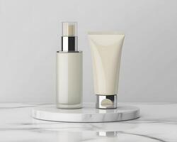 A white tube and cream bottle on a marble surface photo