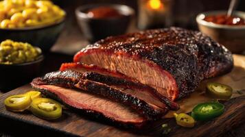 Smoked Brisket with Charred Bark, Jalapenos, and Comfort Sides photo