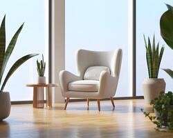 A white chair and potted plants in front of a large window photo
