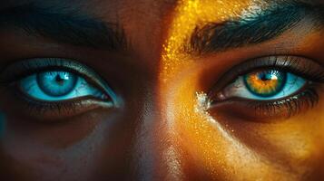 Striking contrast of blue and amber in captivating eyes illuminated by warm sunlight photo