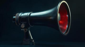 A large black microphone with a red and black speaker photo