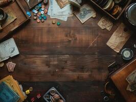 A wooden table with a lot of items on it, including a stack of money photo