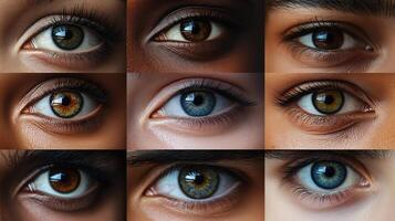 A captivating exploration of diverse human eyes showcasing unique colours and expressions through intricate close-ups photo