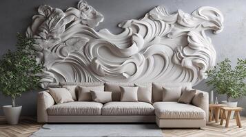 A white couch is in a room with a large wall mural of waves photo