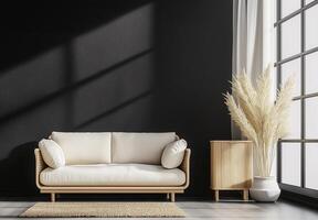 A white couch sits in front of a window with a potted plant in the corner photo