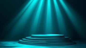 A blue stage with a spotlight shining on it photo