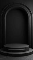 A black and white photo of a black archway with a black pedestal in the middle