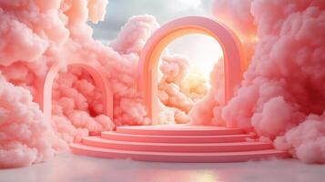 A beautiful pink cloud filled sky with a pink archway in the middle photo