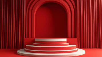 A red stage with white steps and red curtains photo