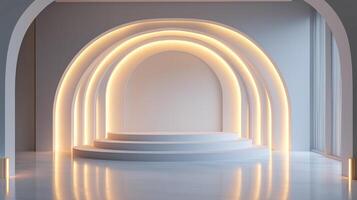 The image is a white room with a curved wall and a stage in the center photo