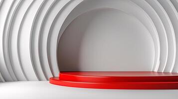 The image is a white and red stage with a red platform photo