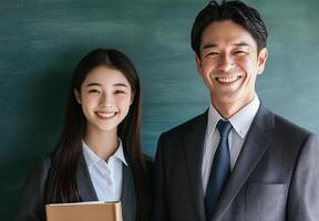 A student and a teacher are smiling for the camera. photo