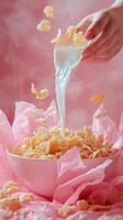 A bowl of cereal is poured into a bowl of milk photo