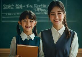 A young student and a beautiful teacher are smiling and holding a book photo