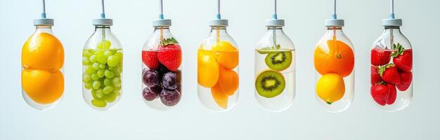 A row of fruit in glass bottles, including oranges, kiwis, and grapes photo