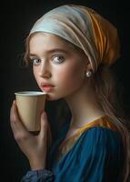 A young girl in historical attire enjoys a warm drink, evoking a sense of tranquility and timelessness in a dimly lit room photo