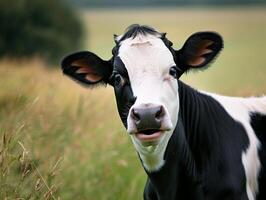 A young black and white cow is standing in a field photo