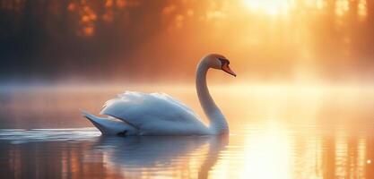 A swan is swimming in a lake with the sun reflecting off the water photo