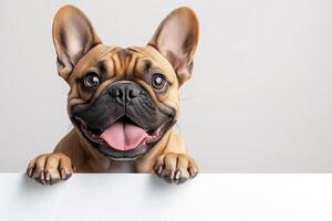 A happy French Bulldog is looking at the camera and has its tongue out photo
