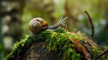 Snail on mossy log in the forest photo