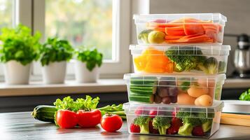 A stack of plastic containers with vegetables in them photo
