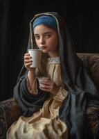 A young girl is sitting on a couch with a cup of coffee in her hand photo