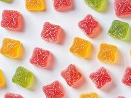 A row of colourful gummy bears are lined up on a white background photo