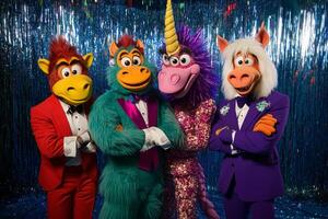 A group of cartoon characters dressed in formal wear pose for a picture photo