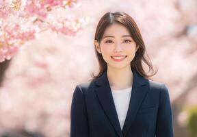 A woman in a business suit is smiling in front of a tree with pink blossoms photo