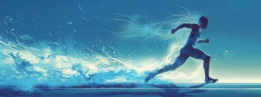 A man is running in the water with a blue background photo