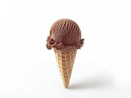 A chocolate ice cream cone is shown on a white background photo