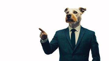 A suited dog with an authoritative stance points confidently, blending elegance and playfulness in a surreal corporate setting photo