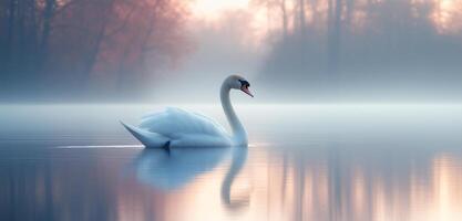 A swan is swimming in a lake with a beautiful reflection of the sky and trees photo