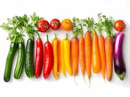 A row of colourful vegetables including tomatoes, carrots, broccoli, and peppers photo