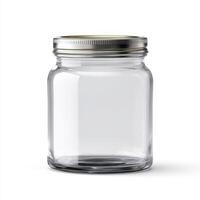 Empty glass jar with lid isolated on white background photo