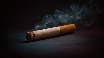 Burning Cigarette with Smoke on Dark Background Symbol of Tobacco Addiction and Health Hazard photo