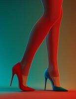 A pair of red and blue high heels are shown in a colourful, vibrant setting photo