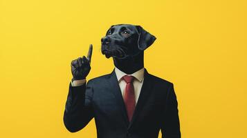 A beautiful distinguished black Labrador dressed in a suit points upward against a vibrant yellow backdrop, exuding charisma and charm in a playful setting photo