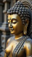 A golden buddha statue is shown in front of a wall photo