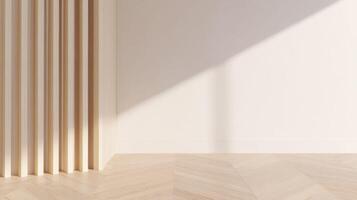 An empty room with wooden floor and a wall photo
