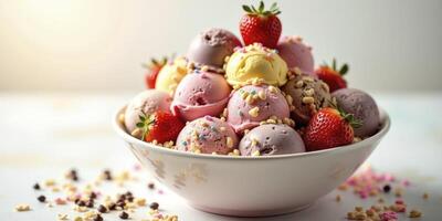 A bowl of ice cream with strawberries and chocolate chips photo