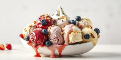 A bowl of ice cream with berries and other toppings photo