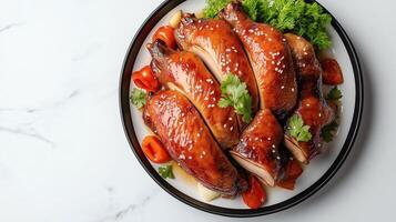 Glazed Roast Duck with Vegetables and Sesame Garnish photo