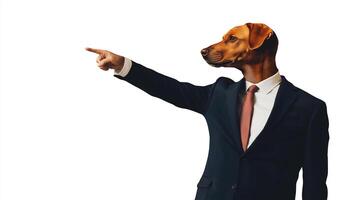 A surreal business meeting featuring a dog in a suit confidently directing attention to an unseen point in a minimalist setting photo
