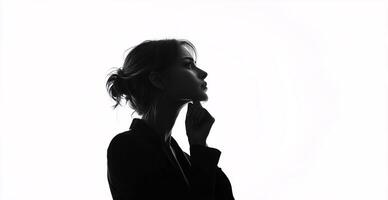 A woman is standing in front of a white background, looking to the right photo